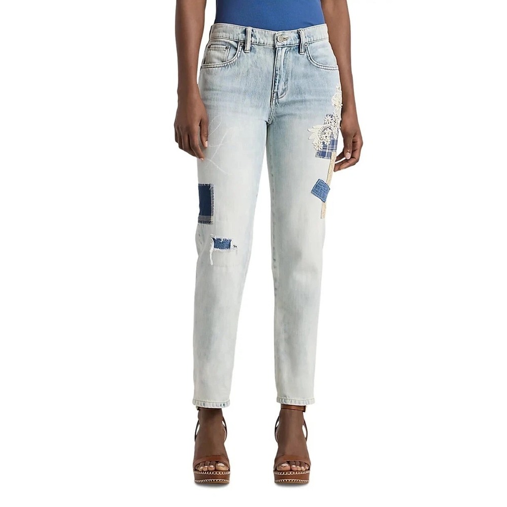 Ralph Lauren Black Label Blue Wash Relaxed Taper Patchwork Ankle Jeans‎ 12 P NWT